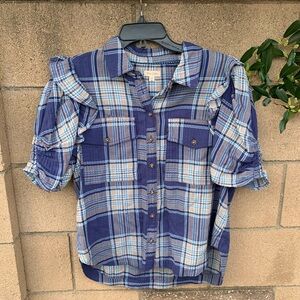 The Ozzi Plaid Ruffle-Sleeve Buttondown Shirt